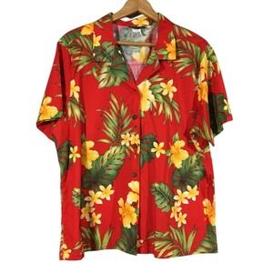 Puanani Hawaiian Aloha Shirt Puamala Red Tropical Floral Print Button Up Plus